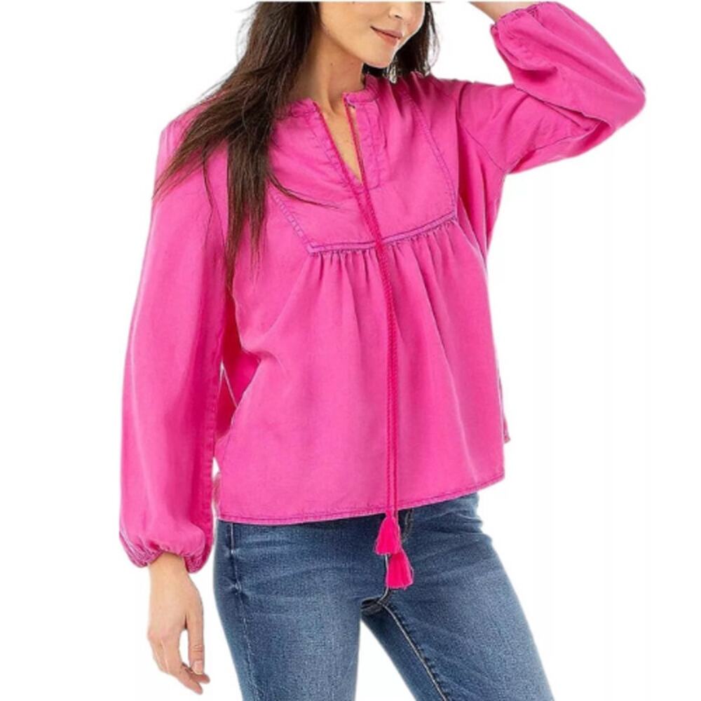 Serra Retreat Womens Lyocell Beachy Boho Point Mugu Peasant‎ Blouse 1X Pink
